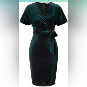 Grace Karin Velvet Wrap Midi Dress in Deep Green